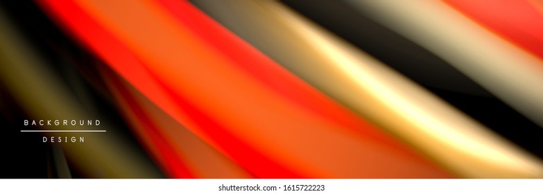 Silk and smooth flow wave poster design. Color waves, liquid style lines and shapes in black color background. Vector Illustration For Wallpaper, Banner, Background, Card, Book, Illustration, landing