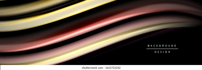 Diseño de afiches de ondas de flujo suave y seda. Olas de color, líneas de estilo líquido y formas de fondo de color negro. Ilustración vectorial para papel de escritorio, pancarta, fondo, tarjeta, libro, ilustración, aterrizaje