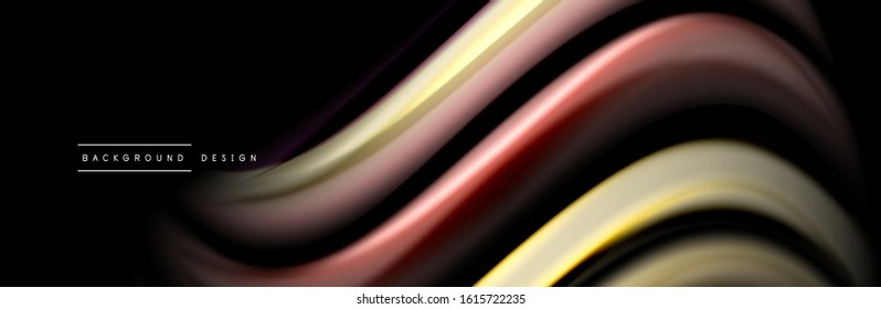 Silk and smooth flow wave poster design. Color waves, liquid style lines and shapes in black color background. Vector Illustration For Wallpaper, Banner, Background, Card, Book, Illustration, landing