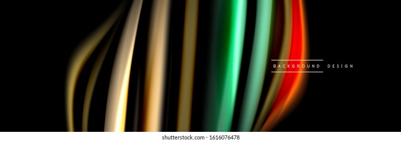 Silk and smooth flow wave poster design. Color waves, liquid style lines and shapes in black color background. Vector Illustration For Wallpaper, Banner, Background, Card, Book, Illustration, landing