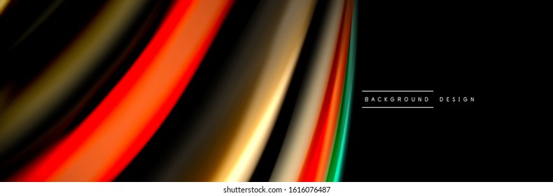 Silk and smooth flow wave poster design. Color waves, liquid style lines and shapes in black color background. Vector Illustration For Wallpaper, Banner, Background, Card, Book, Illustration, landing