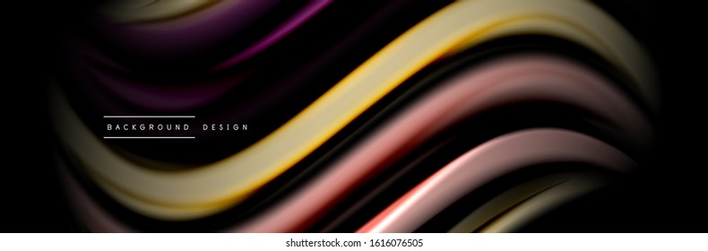 Diseño de afiches de ondas de flujo suave y seda. Olas de color, líneas de estilo líquido y formas de fondo de color negro. Ilustración vectorial para papel de escritorio, pancarta, fondo, tarjeta, libro, ilustración, aterrizaje