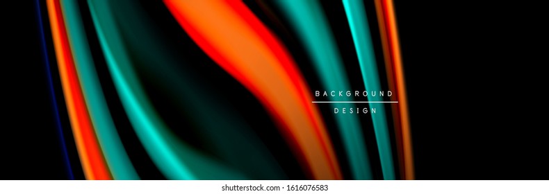 Silk and smooth flow wave poster design. Color waves, liquid style lines and shapes in black color background. Vector Illustration For Wallpaper, Banner, Background, Card, Book, Illustration, landing
