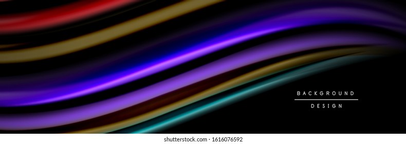 Diseño de afiches de ondas de flujo suave y seda. Olas de color, líneas de estilo líquido y formas de fondo de color negro. Ilustración vectorial para papel de escritorio, pancarta, fondo, tarjeta, libro, ilustración, aterrizaje