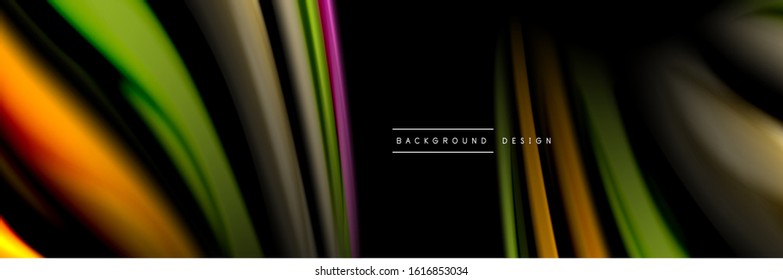 Silk and smooth flow wave poster design. Color waves, liquid style lines and shapes in black color background. Vector Illustration For Wallpaper, Banner, Background, Card, Book, Illustration, landing