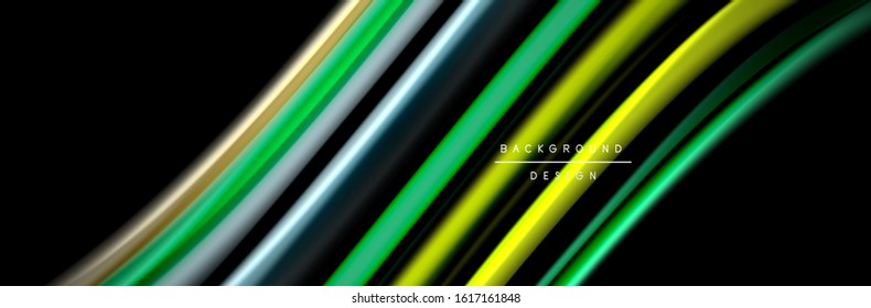 Silk and smooth flow wave poster design. Color waves, liquid style lines and shapes in black color background. Vector Illustration For Wallpaper, Banner, Background, Card, Book, Illustration, landing