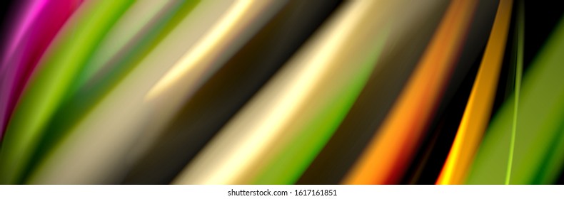 Seide und glatte Strömung Welle Poster Design. Farbwellen, flüssige Linien und Formen auf schwarzem Hintergrund. Vektorgrafik für Bildschirmhintergründe, Banner, Hintergrund, Karte, Buch, Illustration, Landung