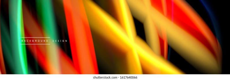 Silk and smooth flow wave poster design. Color waves, liquid style lines and shapes in black color background. Vector Illustration For Wallpaper, Banner, Background, Card, Book, Illustration, landing