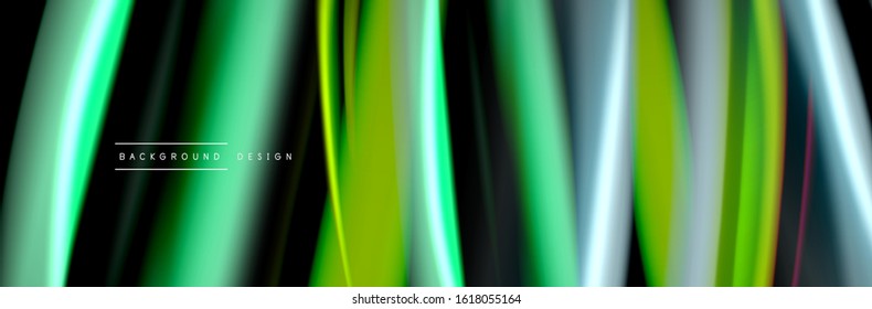 Silk and smooth flow wave poster design. Color waves, liquid style lines and shapes in black color background. Vector Illustration For Wallpaper, Banner, Background, Card, Book, Illustration, landing