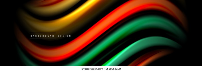 Diseño de afiches de ondas de flujo suave y seda. Olas de color, líneas de estilo líquido y formas de fondo de color negro. Ilustración vectorial para papel de escritorio, pancarta, fondo, tarjeta, libro, ilustración, aterrizaje