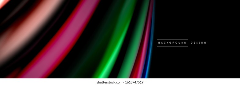 Silk and smooth flow wave poster design. Color waves, liquid style lines and shapes in black color background. Vector Illustration For Wallpaper, Banner, Background, Card, Book, Illustration, landing