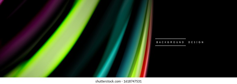 Diseño de afiches de ondas de flujo suave y seda. Olas de color, líneas de estilo líquido y formas de fondo de color negro. Ilustración vectorial para papel de escritorio, pancarta, fondo, tarjeta, libro, ilustración, aterrizaje