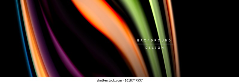 Silk and smooth flow wave poster design. Color waves, liquid style lines and shapes in black color background. Vector Illustration For Wallpaper, Banner, Background, Card, Book, Illustration, landing