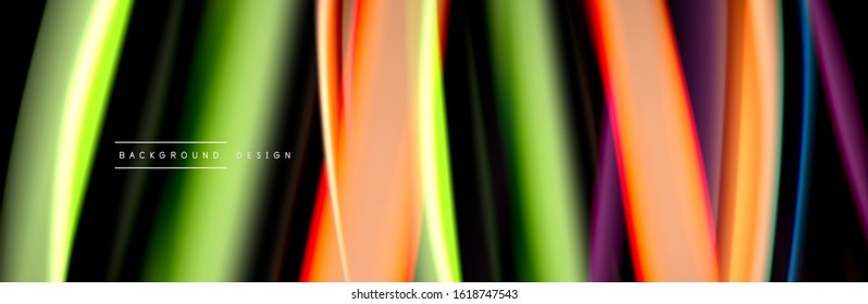 Silk and smooth flow wave poster design. Color waves, liquid style lines and shapes in black color background. Vector Illustration For Wallpaper, Banner, Background, Card, Book, Illustration, landing