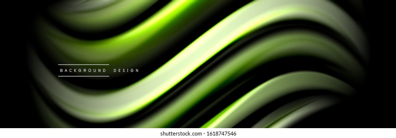 Silk and smooth flow wave poster design. Color waves, liquid style lines and shapes in black color background. Vector Illustration For Wallpaper, Banner, Background, Card, Book, Illustration, landing