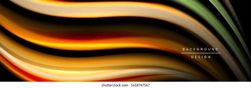 Diseño de afiches de ondas de flujo suave y seda. Olas de color, líneas de estilo líquido y formas de fondo de color negro. Ilustración vectorial para papel de escritorio, pancarta, fondo, tarjeta, libro, ilustración, aterrizaje