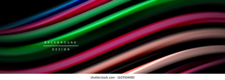 Seide und glatte Strömung Welle Poster Design. Farbwellen, flüssige Linien und Formen auf schwarzem Hintergrund. Vektorgrafik für Bildschirmhintergründe, Banner, Hintergrund, Karte, Buch, Illustration, Landung