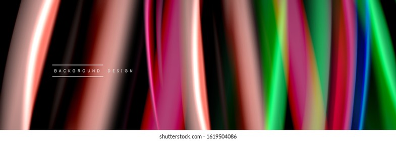 Silk and smooth flow wave poster design. Color waves, liquid style lines and shapes in black color background. Vector Illustration For Wallpaper, Banner, Background, Card, Book, Illustration, landing