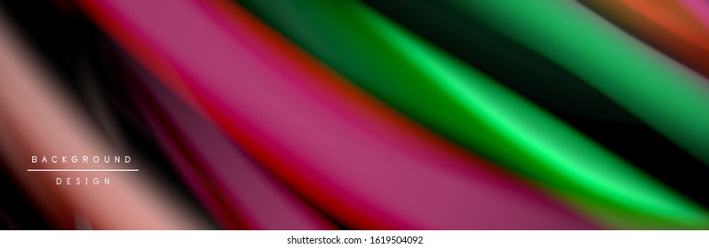Seide und glatte Strömung Welle Poster Design. Farbwellen, flüssige Linien und Formen auf schwarzem Hintergrund. Vektorgrafik für Bildschirmhintergründe, Banner, Hintergrund, Karte, Buch, Illustration, Landung