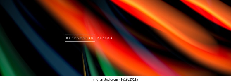 Seide und glatte Strömung Welle Poster Design. Farbwellen, flüssige Linien und Formen auf schwarzem Hintergrund. Vektorgrafik für Bildschirmhintergründe, Banner, Hintergrund, Karte, Buch, Illustration, Landung