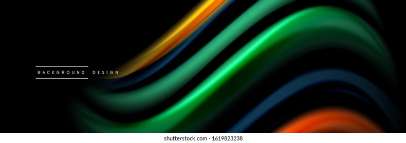Silk and smooth flow wave poster design. Color waves, liquid style lines and shapes in black color background. Vector Illustration For Wallpaper, Banner, Background, Card, Book, Illustration, landing