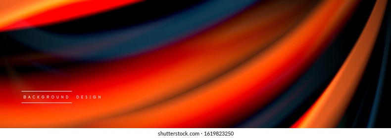 Silk and smooth flow wave poster design. Color waves, liquid style lines and shapes in black color background. Vector Illustration For Wallpaper, Banner, Background, Card, Book, Illustration, landing
