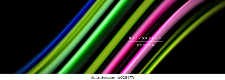 Diseño de afiches de ondas de flujo suave y seda. Olas de color, líneas de estilo líquido y formas de fondo de color negro. Ilustración vectorial para papel de escritorio, pancarta, fondo, tarjeta, libro, ilustración, aterrizaje