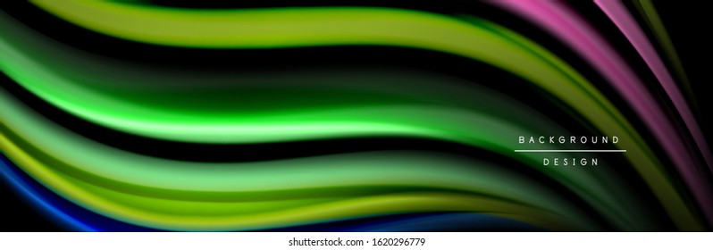 Silk and smooth flow wave poster design. Color waves, liquid style lines and shapes in black color background. Vector Illustration For Wallpaper, Banner, Background, Card, Book, Illustration, landing
