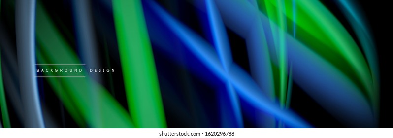 Silk and smooth flow wave poster design. Color waves, liquid style lines and shapes in black color background. Vector Illustration For Wallpaper, Banner, Background, Card, Book, Illustration, landing