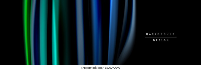 Silk and smooth flow wave poster design. Color waves, liquid style lines and shapes in black color background. Vector Illustration For Wallpaper, Banner, Background, Card, Book, Illustration, landing