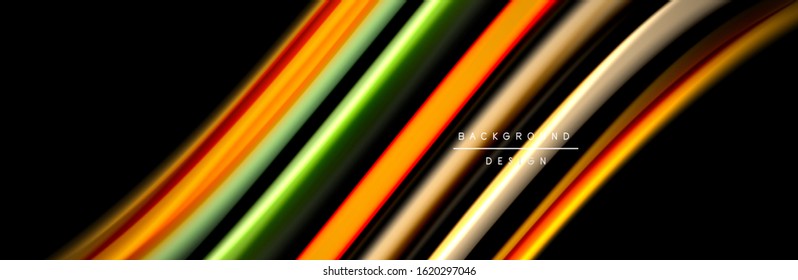 Silk and smooth flow wave poster design. Color waves, liquid style lines and shapes in black color background. Vector Illustration For Wallpaper, Banner, Background, Card, Book, Illustration, landing