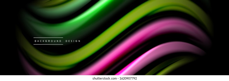 Seide und glatte Strömung Welle Poster Design. Farbwellen, flüssige Linien und Formen auf schwarzem Hintergrund. Vektorgrafik für Bildschirmhintergründe, Banner, Hintergrund, Karte, Buch, Illustration, Landung