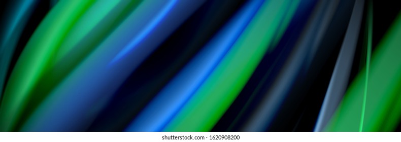 Diseño de afiches de ondas de flujo suave y seda. Olas de color, líneas de estilo líquido y formas de fondo de color negro. Ilustración vectorial para papel de escritorio, pancarta, fondo, tarjeta, libro, ilustración, aterrizaje