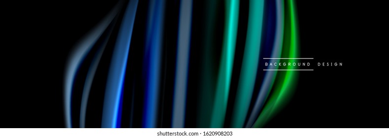 Silk and smooth flow wave poster design. Color waves, liquid style lines and shapes in black color background. Vector Illustration For Wallpaper, Banner, Background, Card, Book, Illustration, landing