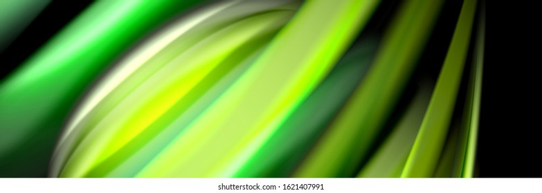 Seide und glatte Strömung Welle Poster Design. Farbwellen, flüssige Linien und Formen auf schwarzem Hintergrund. Vektorgrafik für Bildschirmhintergründe, Banner, Hintergrund, Karte, Buch, Illustration, Landung