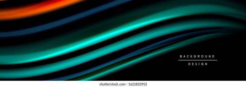 Silk and smooth flow wave poster design. Color waves, liquid style lines and shapes in black color background. Vector Illustration For Wallpaper, Banner, Background, Card, Book, Illustration, landing