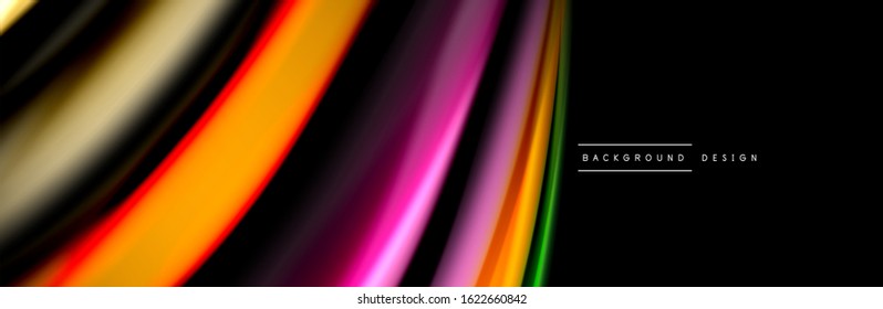Silk and smooth flow wave poster design. Color waves, liquid style lines and shapes in black color background. Vector Illustration For Wallpaper, Banner, Background, Card, Book, Illustration, landing