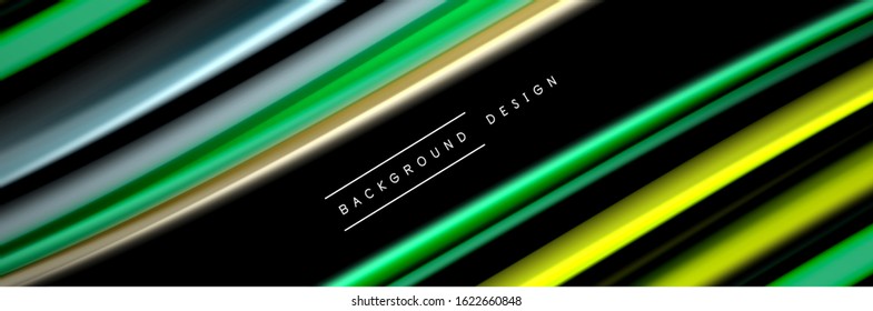 Silk and smooth flow wave poster design. Color waves, liquid style lines and shapes in black color background. Vector Illustration For Wallpaper, Banner, Background, Card, Book, Illustration, landing