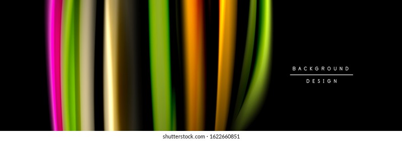 Silk and smooth flow wave poster design. Color waves, liquid style lines and shapes in black color background. Vector Illustration For Wallpaper, Banner, Background, Card, Book, Illustration, landing