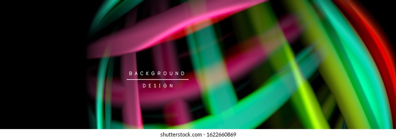 Silk and smooth flow wave poster design. Color waves, liquid style lines and shapes in black color background. Vector Illustration For Wallpaper, Banner, Background, Card, Book, Illustration, landing