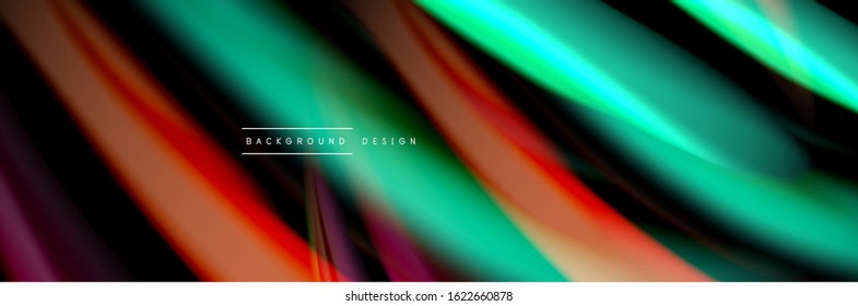 Diseño de afiches de ondas de flujo suave y seda. Olas de color, líneas de estilo líquido y formas de fondo de color negro. Ilustración vectorial para papel de escritorio, pancarta, fondo, tarjeta, libro, ilustración, aterrizaje