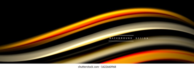 Seide und glatte Strömung Welle Poster Design. Farbwellen, flüssige Linien und Formen auf schwarzem Hintergrund. Vektorgrafik für Bildschirmhintergründe, Banner, Hintergrund, Karte, Buch, Illustration, Landung