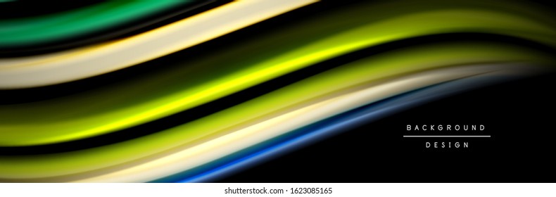 Seide und glatte Strömung Welle Poster Design. Farbwellen, flüssige Linien und Formen auf schwarzem Hintergrund. Vektorgrafik für Bildschirmhintergründe, Banner, Hintergrund, Karte, Buch, Illustration, Landung