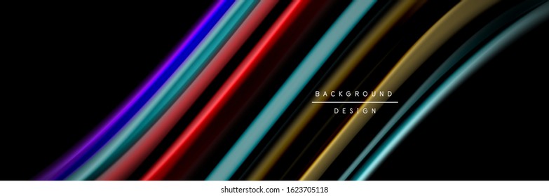 Silk and smooth flow wave poster design. Color waves, liquid style lines and shapes in black color background. Vector Illustration For Wallpaper, Banner, Background, Card, Book, Illustration, landing