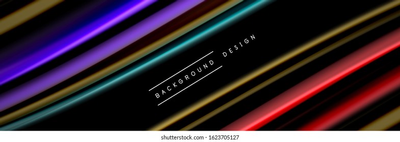 Silk and smooth flow wave poster design. Color waves, liquid style lines and shapes in black color background. Vector Illustration For Wallpaper, Banner, Background, Card, Book, Illustration, landing
