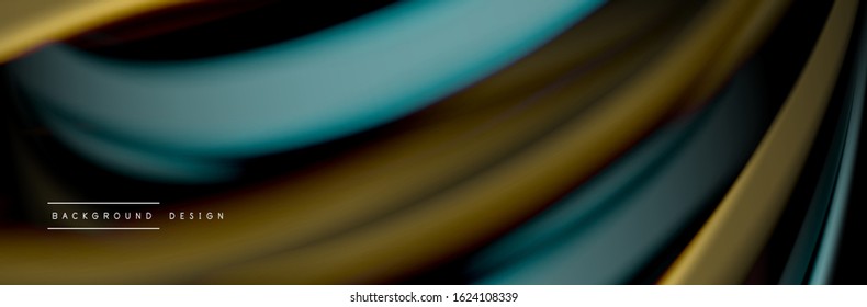 Silk and smooth flow wave poster design. Color waves, liquid style lines and shapes in black color background. Vector Illustration For Wallpaper, Banner, Background, Card, Book, Illustration, landing