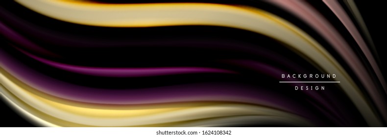 Seide und glatte Strömung Welle Poster Design. Farbwellen, flüssige Linien und Formen auf schwarzem Hintergrund. Vektorgrafik für Bildschirmhintergründe, Banner, Hintergrund, Karte, Buch, Illustration, Landung
