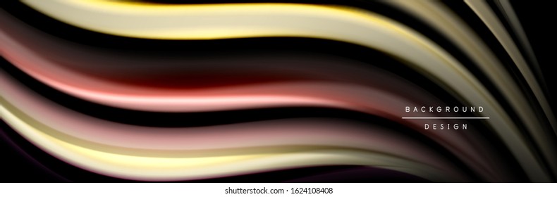 Diseño de afiches de ondas de flujo suave y seda. Olas de color, líneas de estilo líquido y formas de fondo de color negro. Ilustración vectorial para papel de escritorio, pancarta, fondo, tarjeta, libro, ilustración, aterrizaje