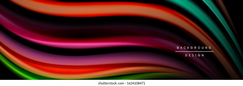 Diseño de afiches de ondas de flujo suave y seda. Olas de color, líneas de estilo líquido y formas de fondo de color negro. Ilustración vectorial para papel de escritorio, pancarta, fondo, tarjeta, libro, ilustración, aterrizaje