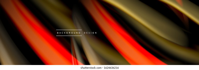 Seide und glatte Strömung Welle Poster Design. Farbwellen, flüssige Linien und Formen auf schwarzem Hintergrund. Vektorgrafik für Bildschirmhintergründe, Banner, Hintergrund, Karte, Buch, Illustration, Landung